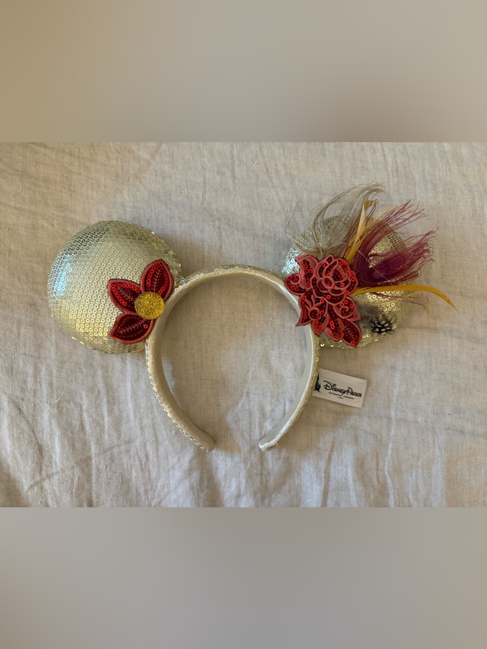 Disney Gold Sequin Ears Headband w/ Red Floral, Disneyland Parks Good/Like New
